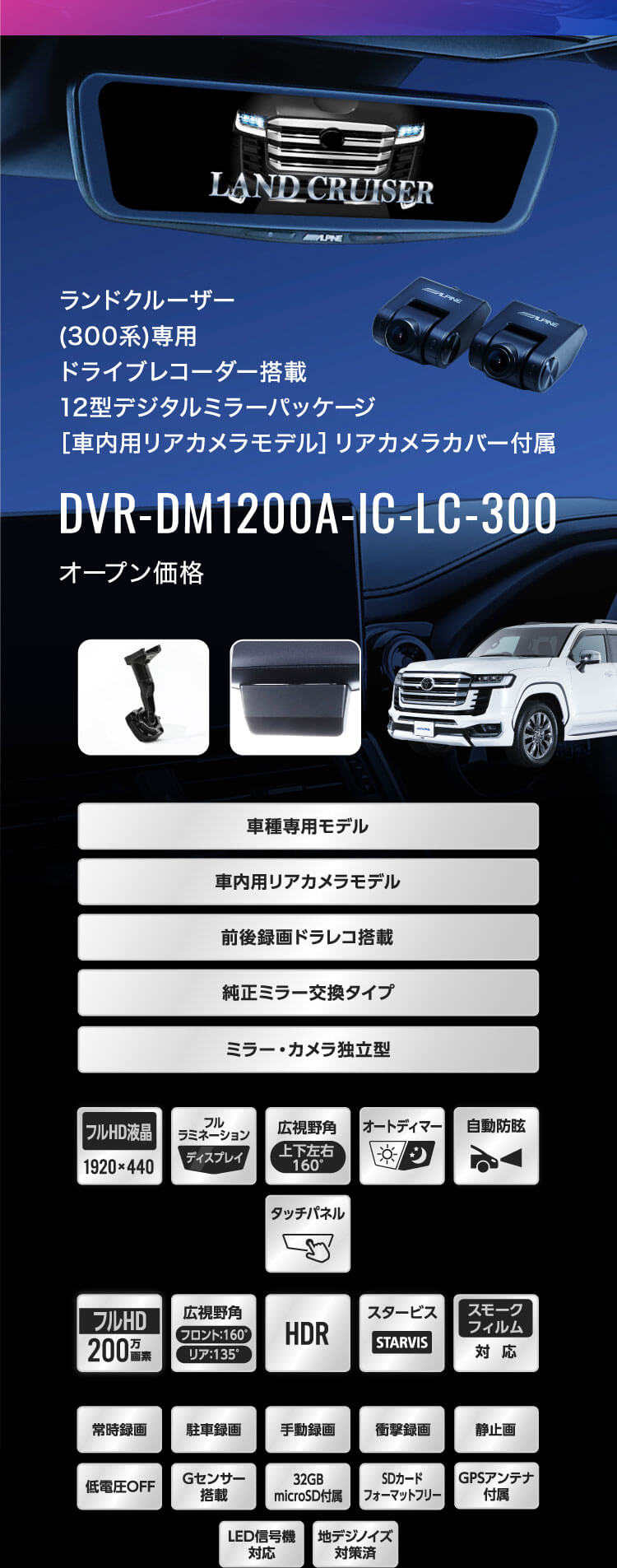 ランドクルーザー(300系)専用 ドライブレコーダー搭載12型デジタルミラーパッケージ［車内用リアカメラモデル］リアカメラカバー付属 DVR-DM1200A-IC-LC-300 オープン価格