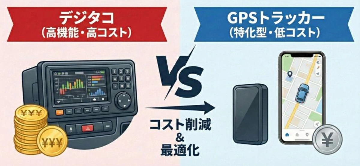 デジタコとGPSトラッカーの機能とコストの比較イメージ